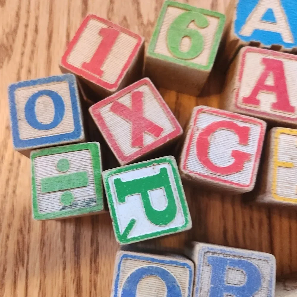 11 vintage wood building blocks-letters numbers & animals red blue yellow green